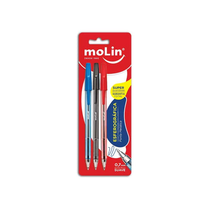 Caneta Molin Ponta Metal Az/Vm/Pr Cartela Com 03 Unidades - 1039