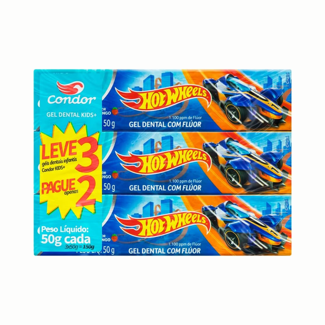 Gel Dental Condor Infantil Com Fluor Morango Hot Wheels Pack Leve 3 Pague 2 50g - 973056