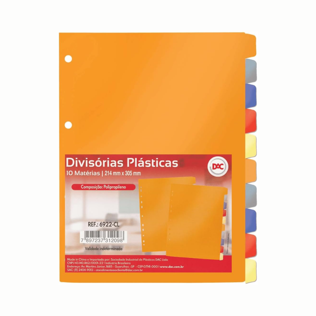 Divisoria Fichario Dac PP Colorido Com 10 Unidades - 6922-CL