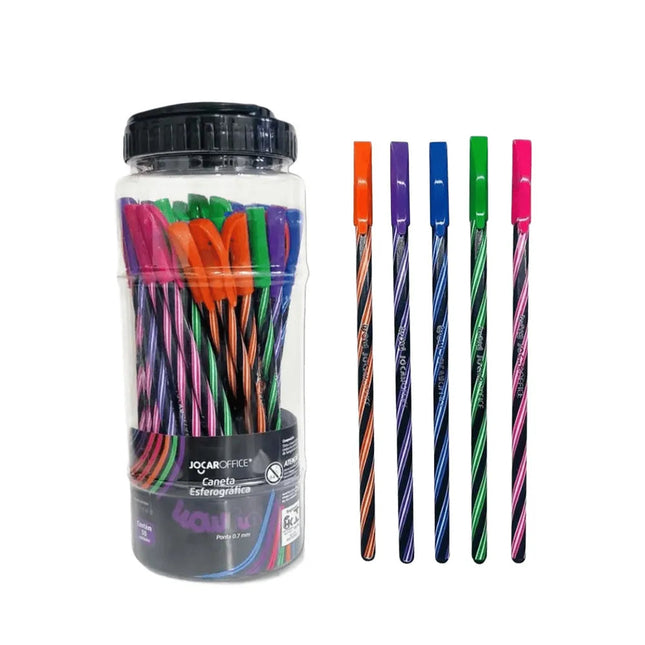 Caneta Esf.Wow 0.7Mm Colorida/Preto Pote Com 50 Sortidas Jocar Office Leo &amp; Leo -  97949