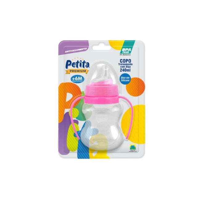 Copo Petita 240ml Treinamento Relevo Com Alca Color Rosa Bico Silicone - 6109-RS