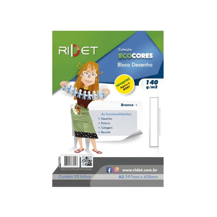 Papel Ecocores Bloco Desenho Branco A3 140gr 21X29,7cm 20FLS Ridet - 010026