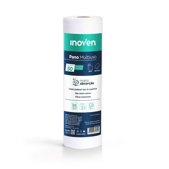 Pano Multiuso Rolo Inoven 28Cmx25M Com 50 Panos Cor Branco -  1154